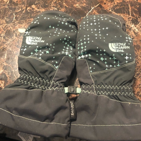 North Face Dark Gray Teal Blue Junior Mitten Winter Gloves Size Large - Picture 3 of 9